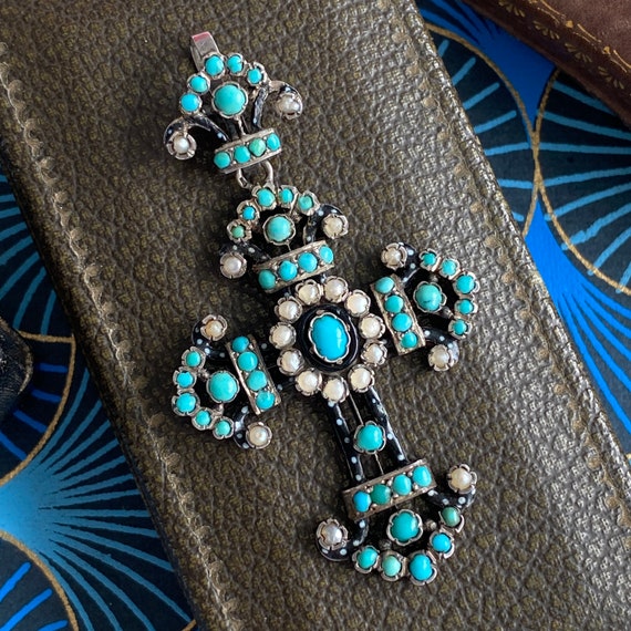 Austro-Hungarian Turquoise Pearl Silver Cross - image 2