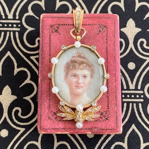 Victorian 14k Miniature Portrait Diamond Pearl Pendant