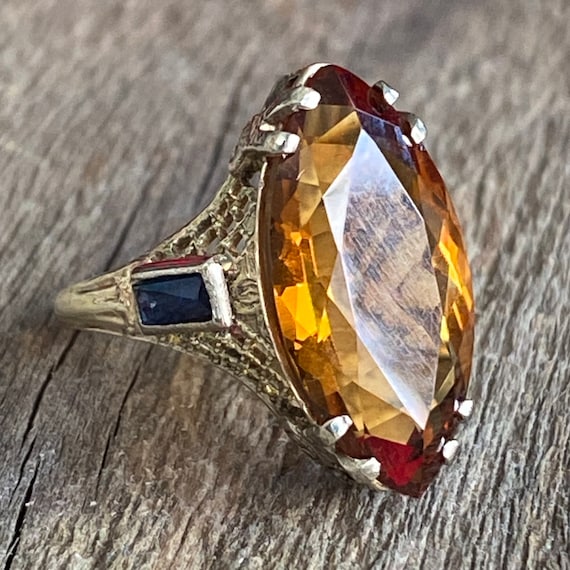 Vintage Citrine & Synthetic Sapphire 10K Filigree… - image 6