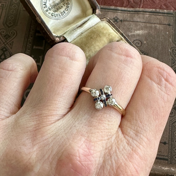 Art Deco Diamond Sapphire 14K Ring - image 3