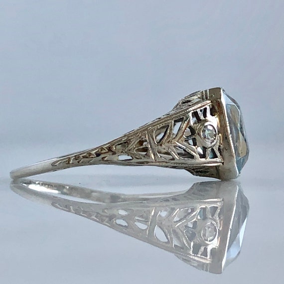 Edwardian Aquamarine & Diamond 18KW Filigree Ring - image 7