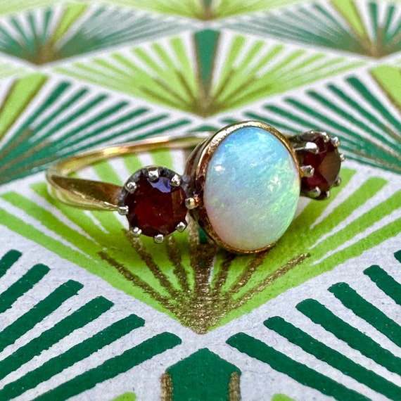 Victorian Opal & Garnet 18K Gold Ring - image 7