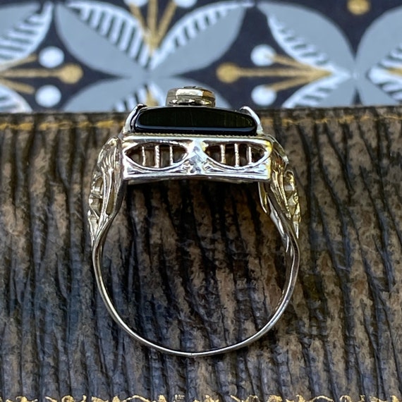 Art Deco Onyx 14K White Gold Filigree Ring - image 7
