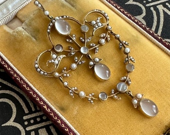 Edwardian Belle Epoque Moonstone Pearl 15K Pendant Necklace