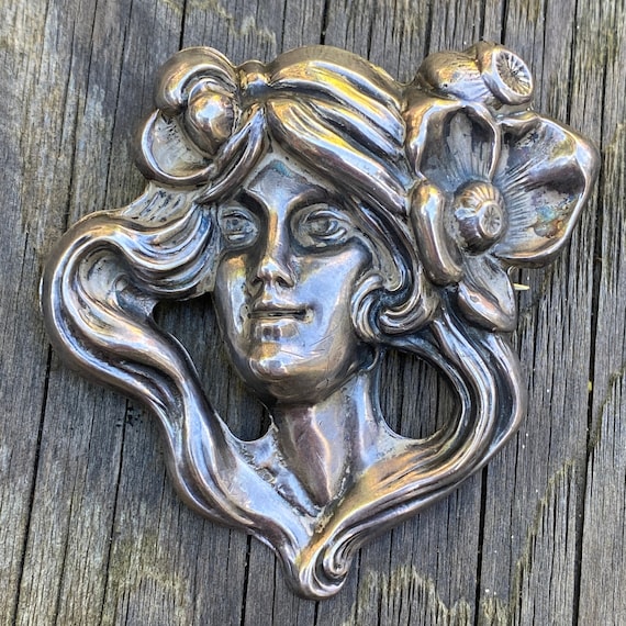 Art Nouveau Lady Sterling Brooch Pin - image 1