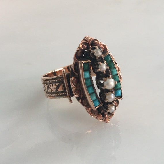 Victorian 14K Rose Gold Turquoise Pearl Ring circ… - image 6