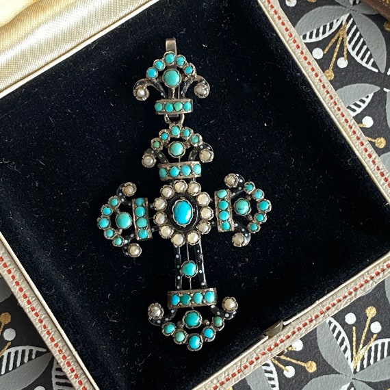 Austro-Hungarian Turquoise Pearl Silver Cross - image 8