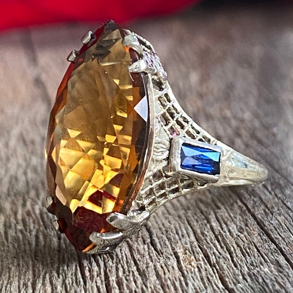 Vintage Citrine & Synthetic Sapphire 10K Filigree… - image 7