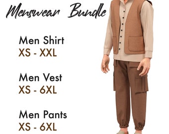 Men Sewing Pattern Bundle, Formal Button Down Slim Fit Men Shirt, Military Cargo Vest Sewing Pattern For Men, Men Casual Jacket Vest