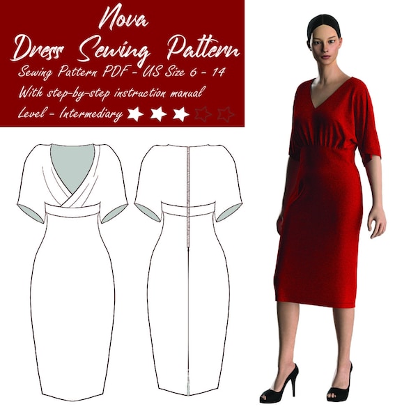 Pencil Dress Sewing Pattern  PDF, Party Wear Patterns For Women, Half Sleeve Midi Dress With V-neck, Instant Download