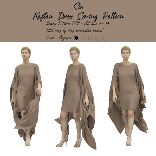 Kaftan Dress Sewing Pattern Project, Caftan Dress PDF Digital Pattern, Easy Sewing Patterns for Beginners, Cape Dress Download, Loose Dress