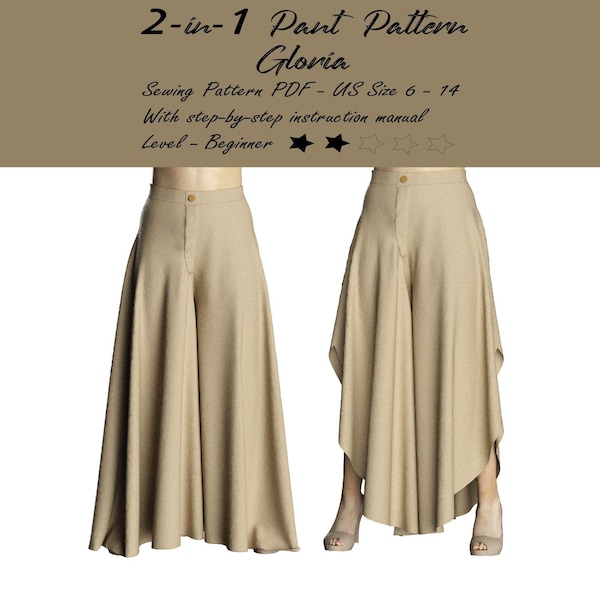 Umbrella Palazzo Sewing Pattern Project,  Wide Leg Pant Digital Pattern, 2-in-1  PDF Pattern, Easy Sewing Projects, Size 6-14