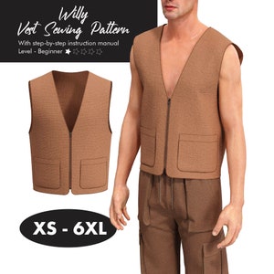 Military Cargo Vest Sewing Pattern For Men, Men Casual Jacket Vest, Size XS - 6XL, Sleeveless Front Zipper Winter Outerwear Digital Download