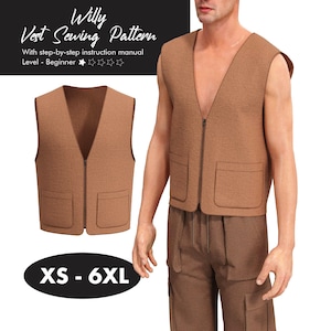 Military Cargo Vest Sewing Pattern For Men, Men Casual Jacket Vest, Size XS - 6XL, Sleeveless Front Zipper Winter Outerwear Digital Download