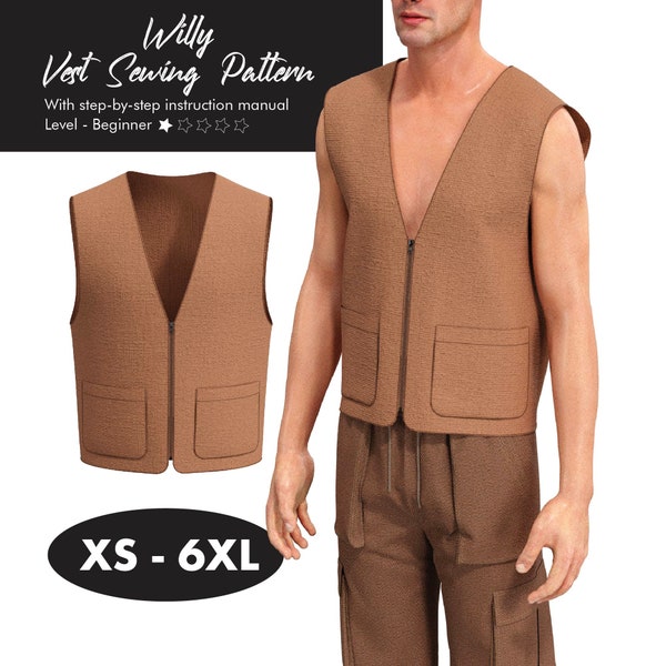 Military Cargo Vest Sewing Pattern For Men, Men Casual Jacket Vest, Size XS - 6XL, Sleeveless Front Zipper Winter Outerwear Digital Download