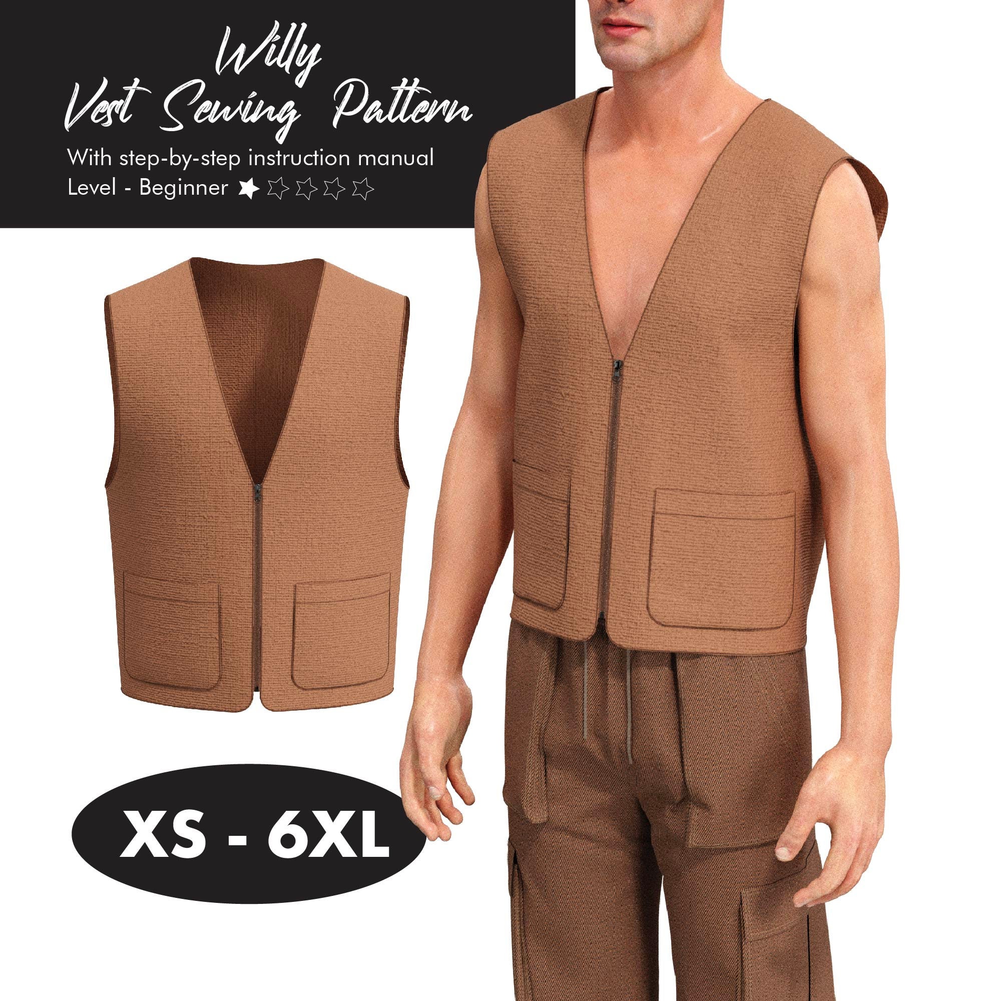 Military Cargo Vest Sewing Pattern for Men, Men Casual Jacket Vest