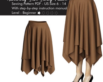 Handkerchief Hem Skirt Sewing Pattern, Layered Asymmetric Design (PDF Pattern)