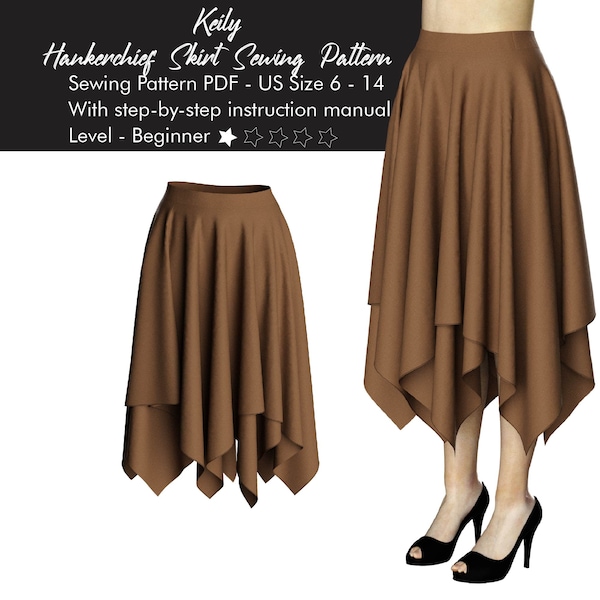 DIY Women Flowy Handkerchief Hemline Midi Skirt Digital Sewing Pattern, Layered Handkerchief Dress Skirt PDF Pattern, Asymmetric Skirt PDF