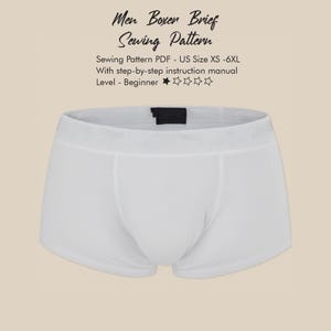 Puede incluir: Calzoncillos bóxer blancos. La imagen incluye el texto "Men Boxer Brief Sewing Pattern" y "Sewing Pattern PDF - US Size XS - 6XL". El texto también menciona un manual de instrucciones paso a paso y un nivel de principiante.