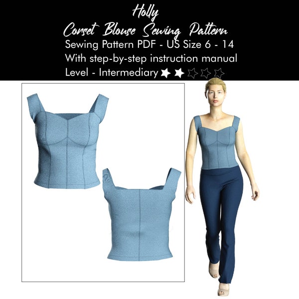 Easy-to-Sew Denim Corset Top, Bustier Blouse Sewing Pattern, Crop Top PDF Download Template, Sweetheart Neckline