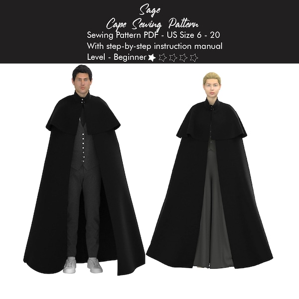 Full Length Poncho Cape Cloak Pattern PDF, Halloween Cloak Costume Partywear, Hoodie Cape Jacket PDF Digital Download, Fancy Dress Pattern