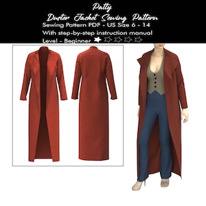 Könnte beinhalten: Patty Duster Jacket Schnittmuster PDF US-Größe 6-14. Das Bild zeigt eine lange, rostfarbene Duster-Jacke mit breitem Revers, dargestellt in Vorder- und Rückansicht, getragen über einer beigen Weste und blauen Hose, Schwierigkeitsgrad Anfänger.