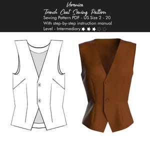May include: A sewing pattern for a trench coat, featuring a brown vest with a V-neck and button closure. The pattern includes a step-by-step instruction manual and is for US sizes 2-20. The image also shows a line drawing of the vest.