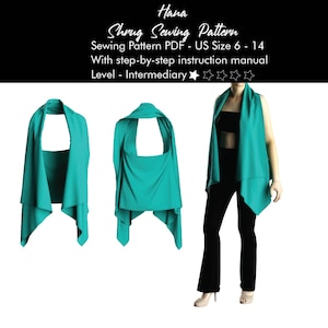 Cardigan Shrug Sewing Pattern for Women, Sleeveless Jacket Vest, Oversized Long Cascading Jacket, Coverups, Instant Download, Size 6-14,