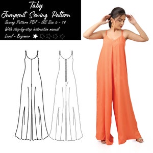 Sleeveless Wide-Leg Jumpsuit Easy Sewing Pattern, Loose Fit Summer Romper, Flared Pant Overall PDF Download, Sizes 6-14