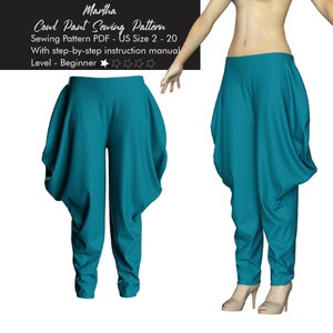 May include: Two images of teal cowl pants. The pants have a unique design with a draped, voluminous shape around the hips and a tapered leg. The text on the image reads: "Martha Cowl Pant Sewing Pattern, Sewing Pattern PDF - US Size 2 - 20, With step-by-step instruction manual, Level - Beginner."