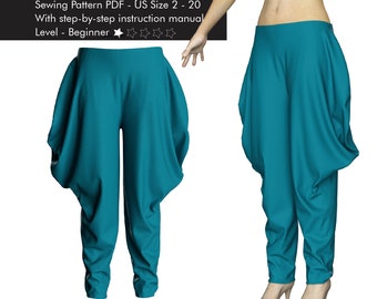 Patrón de costura para pantalón tipo cowl, corte holgado, tallas 2-20 (patrón en PDF)