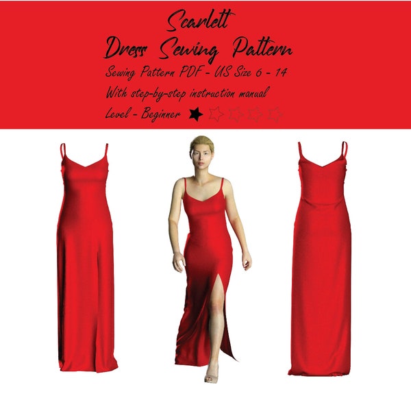 Evening Gown Sewing Pattern Project, Sleeveless Slip Dress With Side Slit, Christmas, Thanksgiving, Prom Night Dress Template