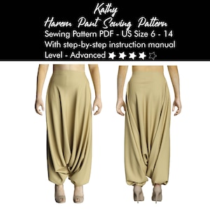 Può includere: Un cartamodello per pantaloni harem di colore beige. Il cartamodello è per le taglie italiane 40-50 e include istruzioni passo passo. Il cartamodello è classificato come livello avanzato.