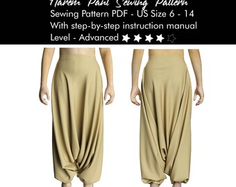 Patrón de costura para pantalón tipo harén: Cintura ajustada, tallas estadounidenses 6-14 (patrón en PDF)