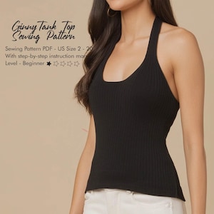 Könnte beinhalten: Schwarzes Neckholder-Tanktop mit gerippter Textur. Das Oberteil hat einen U-Ausschnitt und einen Neckholder-Träger. Der Text auf dem Bild lautet "Ginny Tank Top Sewing Pattern" und "Sewing Pattern PDF - US Size 2-20". Das Level ist Anfänger.
