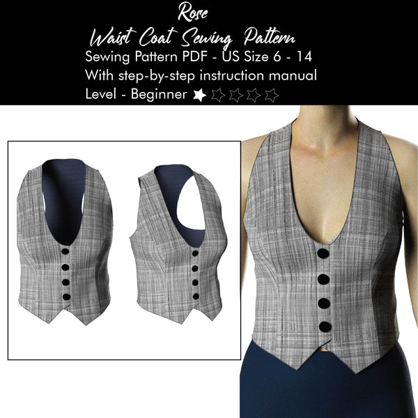 Waist Coat Sewing Pattern Project, Women Vest Digital PDF, Instant Download, Size 6-14, V-neck Racer Back Blouse