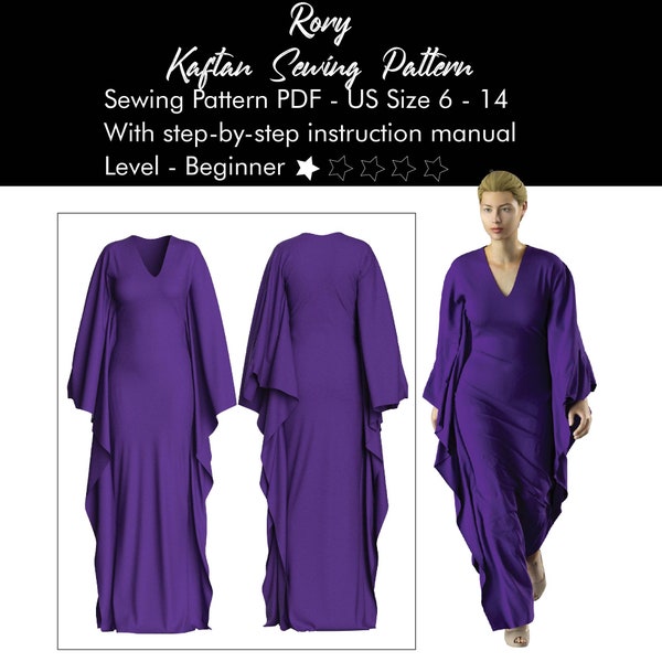Simple kaftan sewing pattern project PDF for beginners, Moroccan kaftan purple, easy caftan pattern with sleeves, maxi dress sewing PDF