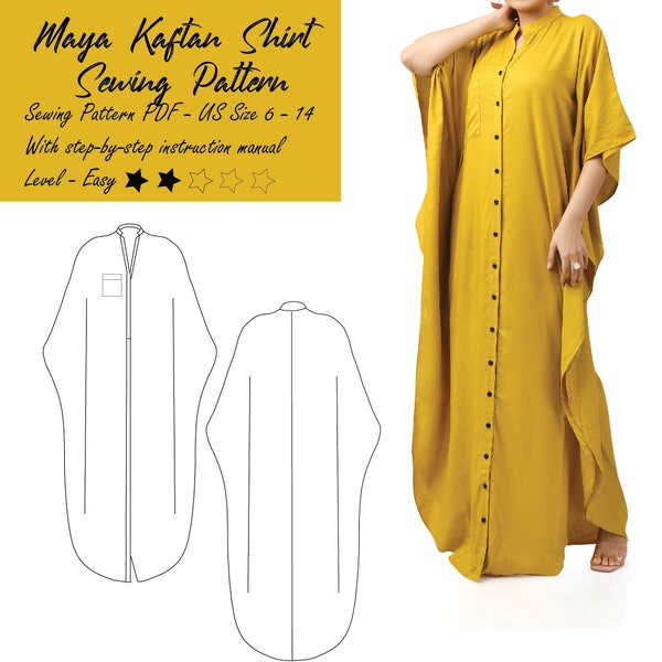Projet de patron de robe caftan, PDF de couture numérique, robe longue pour femme, mode bohème, style indépendant, tailles 6-14, mode unisexe