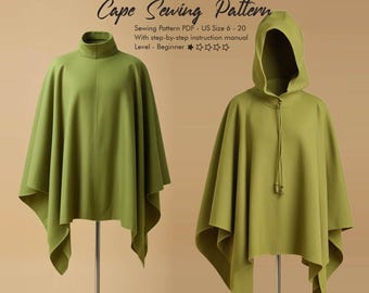 Unisex Cape Sewing Pattern, Hooded Poncho, Halloween Costume (PDF Digital Download)