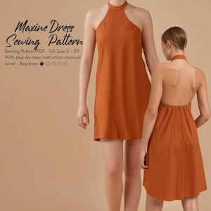 Backless Halter Mini Dress Sewing Pattern for Beginners, Open Back Summer Dress Sizes 2-20, Plus Size Pattern