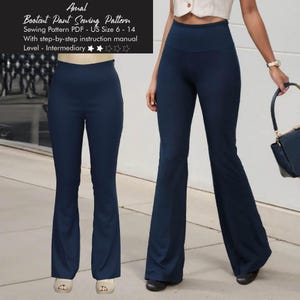 May include: Navy blue bootcut pants. The image shows a sewing pattern for bootcut pants, with the text "Amal Bootcut Pant Sewing Pattern" and size range US 6-14. The pattern includes a step-by-step instruction manual and is rated as an intermediary level.