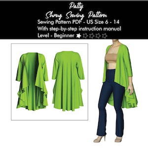 May include: A green shrug sewing pattern PDF for US sizes 6-14. The pattern includes step-by-step instructions and is suitable for beginners. The image shows a model wearing the finished shrug.