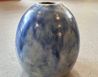 Circa 1928 Art Deco Nouveau French Pottery Vase with Variegated Blue Drips and mini like crystals by Carlos Delsaux (1896-1970) SIGNED