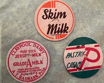 3 Vintage Milk Caps as found Skim Milk Pastry Cream Claypool Dairy Baumann Proprietor