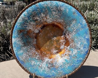 Circa 1958 Enamel on Copper Glass on Metal Bowl by Nekrassoff Ethereal Design SIGNED Nice Patina Molten Effects