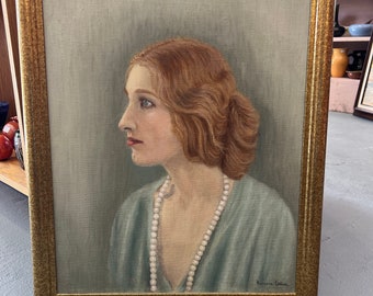 1920s Portrait Painting: Ricardo Espino California Artist, Lady with Pearls