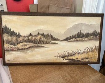 Circa 1958 Landscape oil on Board of &quot;Bow River&quot; by Lucky O&#39;Hara Seattle Washington Artist SIGNED LABELED 10&quot; by 20&quot; for the MCM  Decor
