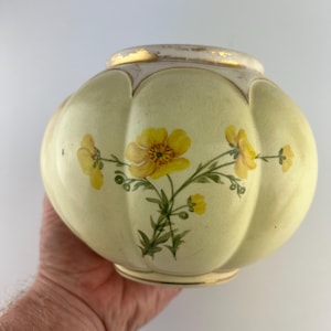 May include: A pale yellow ceramic vase with a rounded shape and a scalloped design. The vase is decorated with yellow floral motifs and green leaves. The rim has a gold trim.