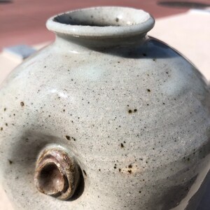 May include: A white ceramic vase with a unique, rounded shape and a small, round opening. The vase has a speckled, textured surface and a brown, raised detail on the side.