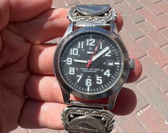 Likely Navajo Native American Tommy Hilfiger Watch with Unsigned Sterling Silver Tips Turquoise and Buffalo Nickels
